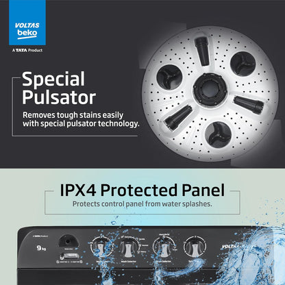 Voltas Beko WTT90UDX/BKGR4KGTD 9 Kg 5 Star Semi-Automatic Top Load Washing Machine | Twin Tub | Special Pulsator | Double Waterfall | Black