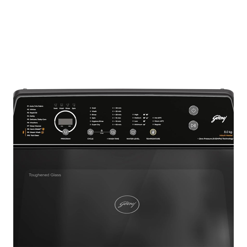 Godrej WTEON VLVT 80 5.0 FDTS MTBK 8 Kg 5 Star Fully-Automatic Top Load Washing Machine (Zero Pressure, 26 Flexi Wash, Metallic Black)