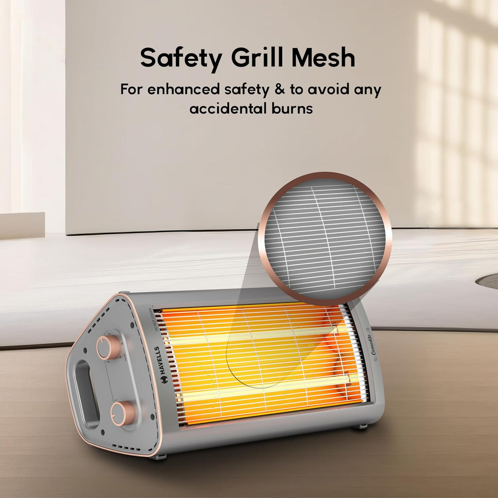 Havells Comodito 900 Watt Room Heater | Safety Grill, 120 Minute Sleep Timer Control knob | Rust Free Stainless Steal Reflector, Carbon Fiber Rods, Power Off & Heat Setting | (Pack of 1, Grey) GHRGHCHE090