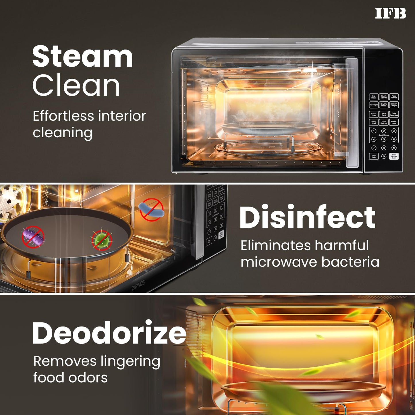 IFB 24L Solo Microwave Oven with 69 Auto Cook Menus (24PM2S, Silver, Mug Recipes, Steam Clean, Auto Reheat, Preset Timer, Power Save, Child Safety Lock, 10 Power Levels)