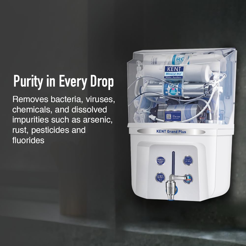 KENT Grand Plus RO Water Purifier | 4 Years Free Service | ISI Marked | Multiple Purification Process | RO + UV + UF + TDS Control + UV LED Tank | 9L Tank | 20 LPH Flow | Zero Water