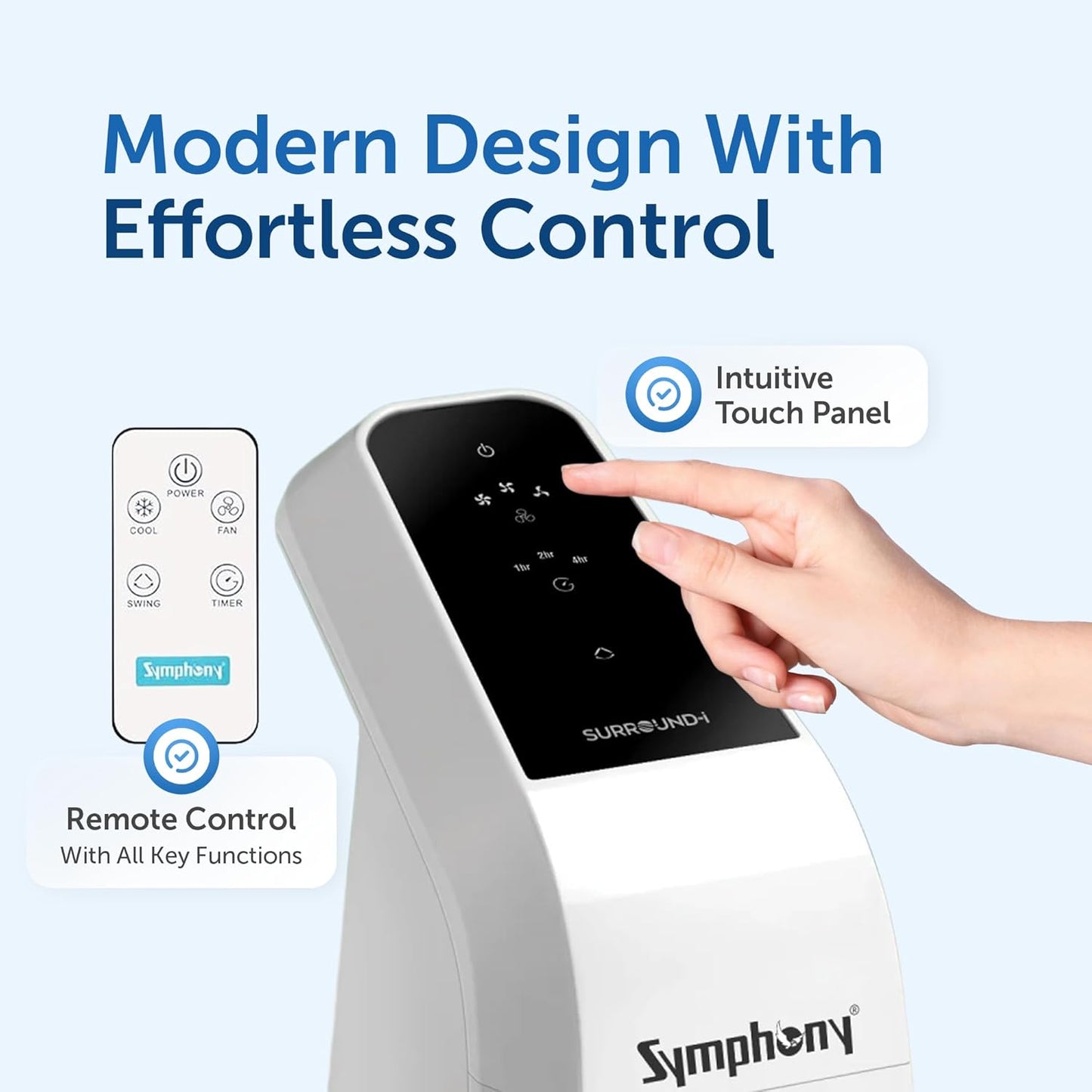 Symphony Surround-i Bladeless Tower Fan for Room | High-Speed with Swivel Action, Touchscreen Control Panel & Remote | 1 Year Warranty | White