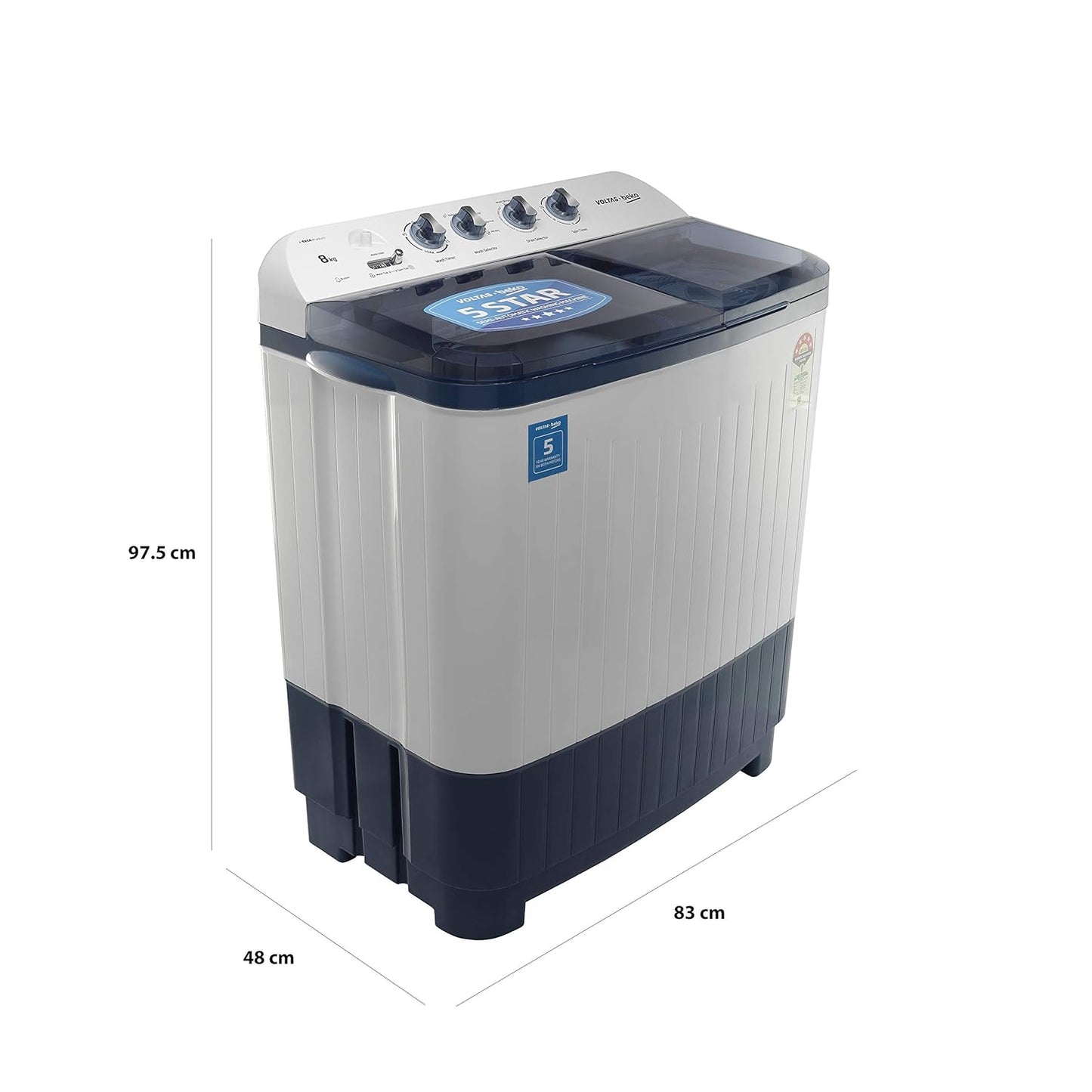 Voltas Beko WTT80DBLT 8 Kg Semi-Automatic Top Load Washing Machine | Double Waterfall | Soft Close Lid | Dual Cassette Filter | 1300 RPM Fast Dry | Sky Blue | Suraj Electronics