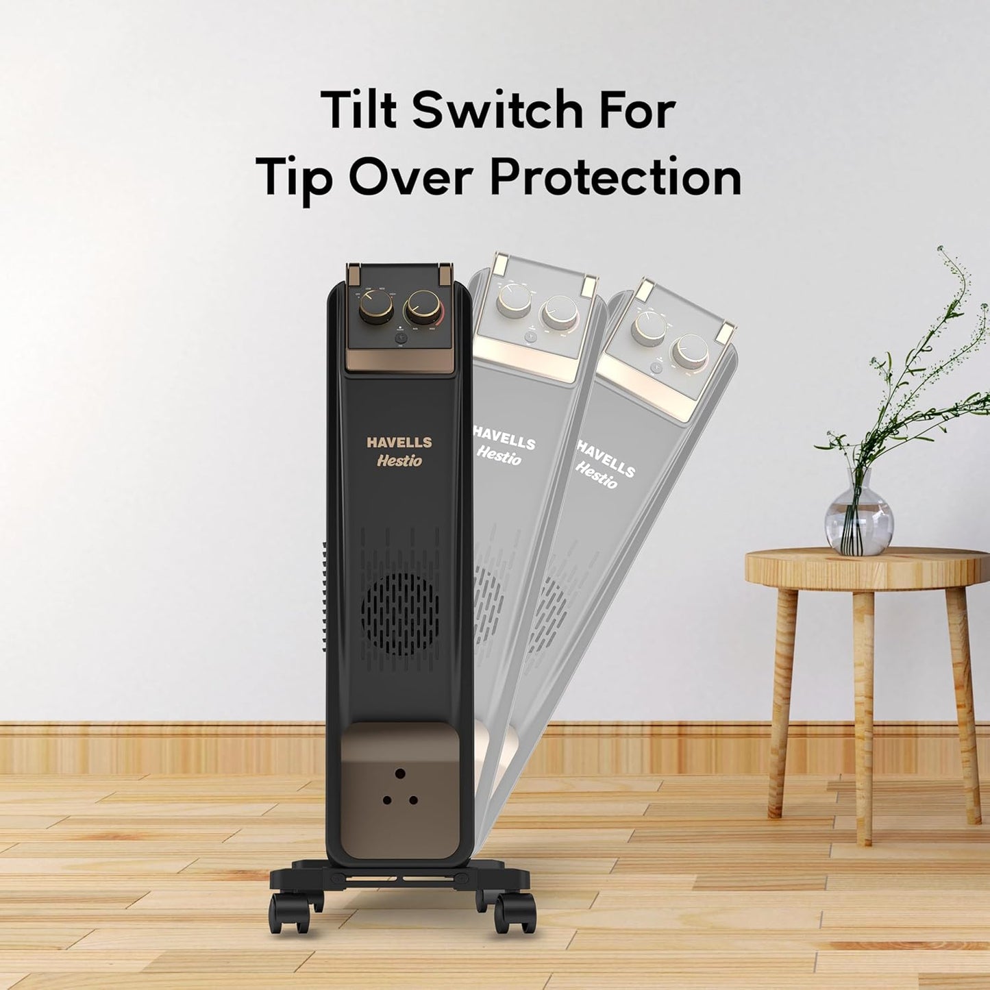Havells GHROFCJK240 9 Fin Hestio Wave Fin OFR (Oil Filled Radiator)|Room Heater|2400 W|3 Heat Settings & PTC Fan Heater|Inclined Control Panel|Retractable Wheels| Comfortable Breathing|360° Heating (Black)