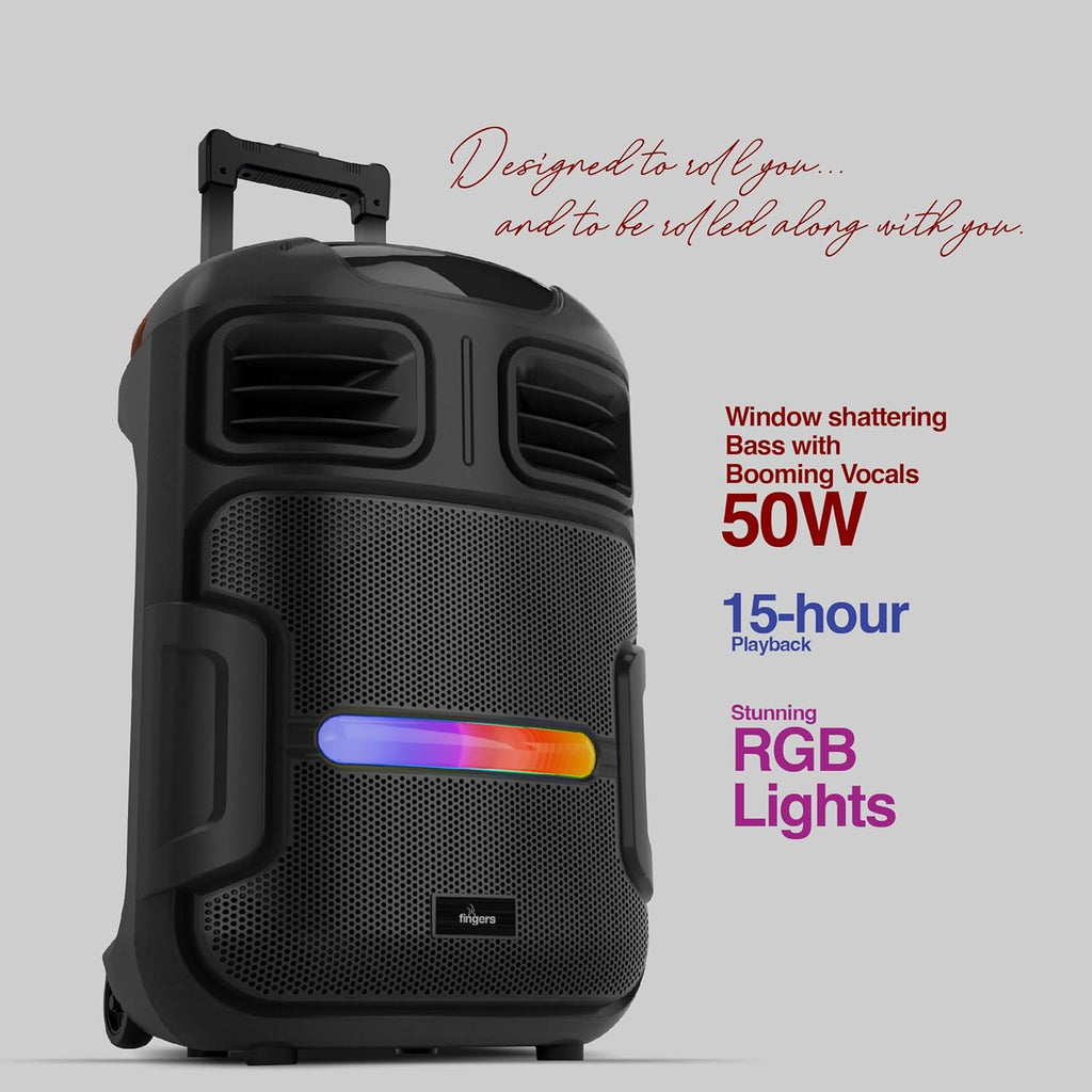 FINGERS RollingParties-51 Bluetooth Trolley Speaker with Powerful 50 W Deep Bass, RGB Lights, 15-Hour, Bundled 2 Wireless Mics & Additional 2 Mics (Rich Black)
