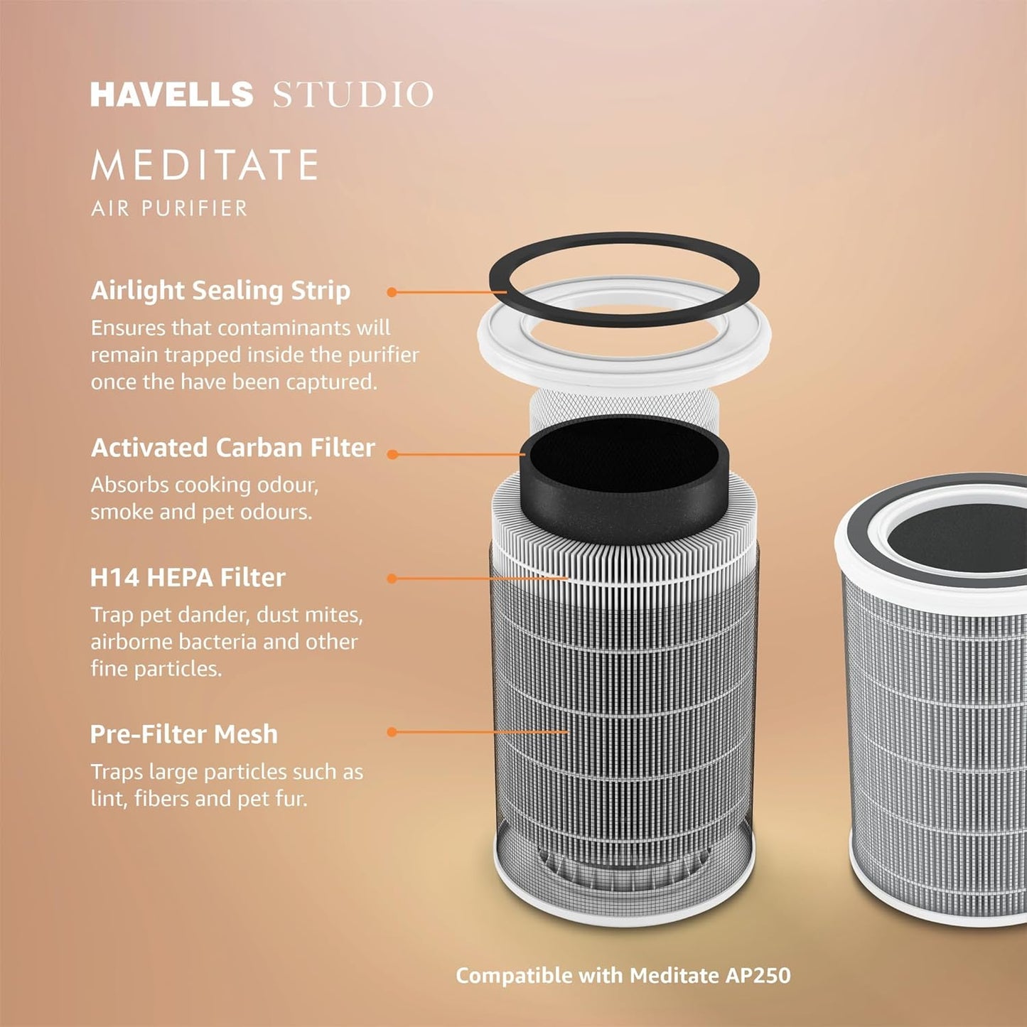 Havells Studio Meditate AP 250 Air purifier  | Remote Control with TiO2 module & Integrated H14 HEPA filter (Silver Satin)