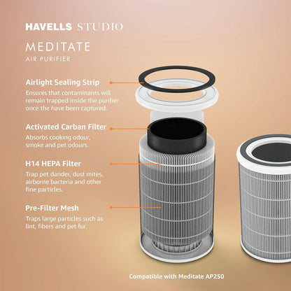 Havells Studio Meditate AP 250 Air purifier  | Remote Control with TiO2 module & Integrated H14 HEPA filter (Silver Satin)