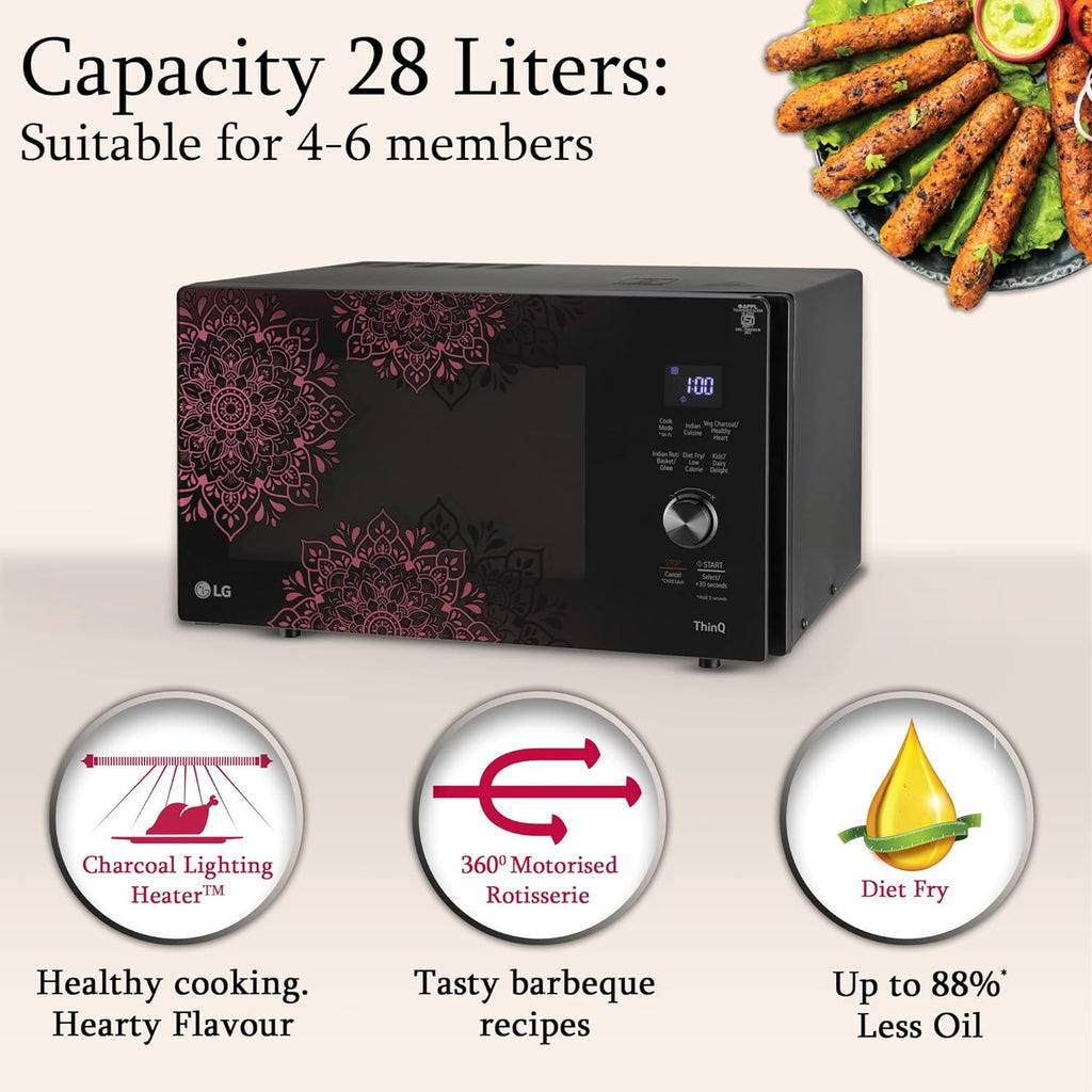 LG MJEN286VIW 28 L Charcoal Convection Microwave Oven | Wi-Fi Enabled | Scan to Cook | 360° Motorised Rotisserie | Heart-Friendly Recipes | Stainless Steel Cavity | Black