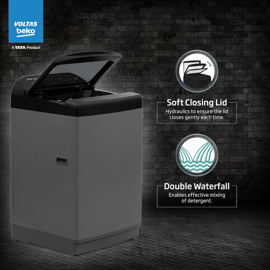 Voltas Beko WTL9006UEA/SPBOOD 9 Kg 5 Star Fully Automatic Top Load Washing Machine (Grey) | Double Waterfall Technology, LED Display, Drum Clean, Delay Start