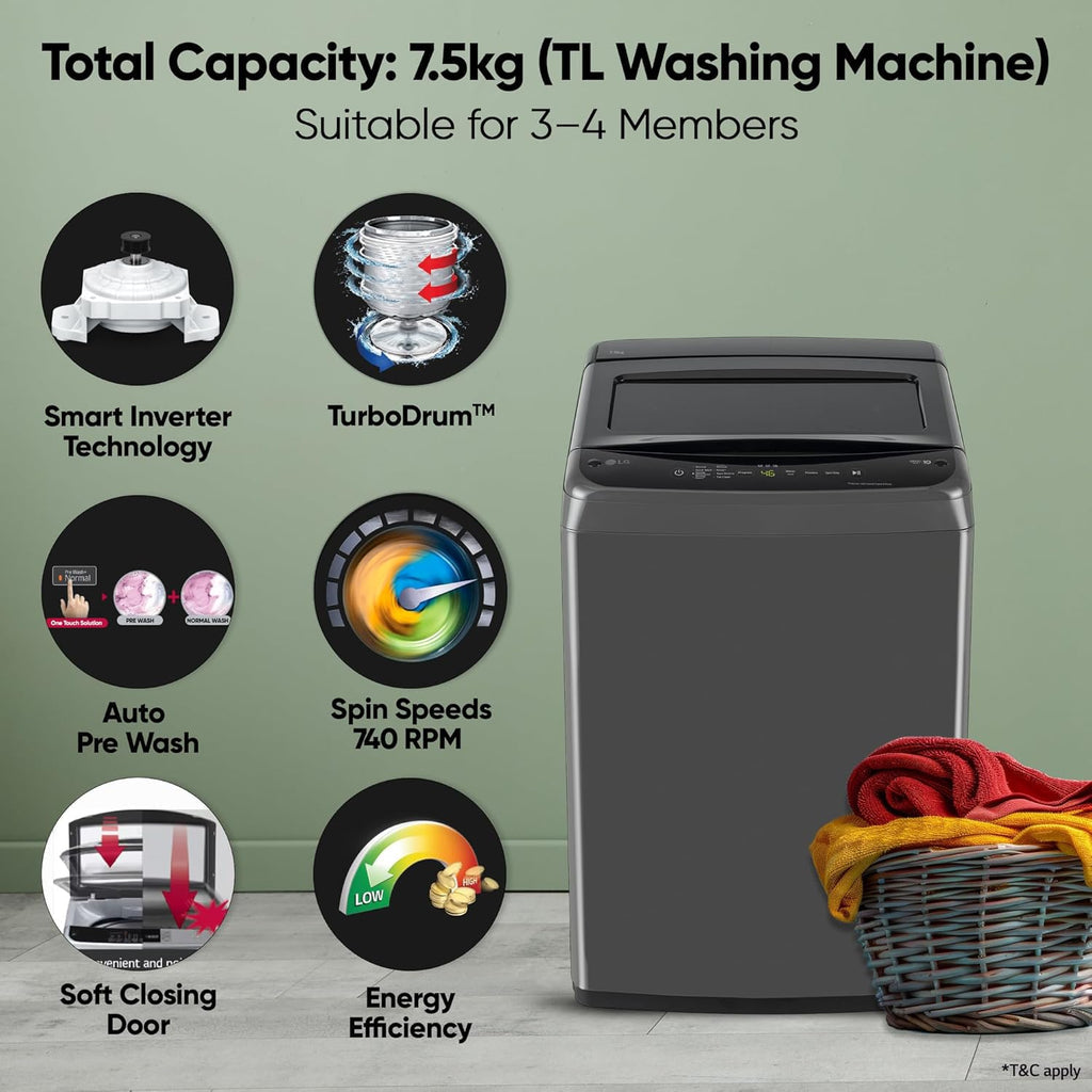 LG T75VBMB1Z 7.5 Kg 5 Star Fully Automatic Top Load Washing Machine with Smart Inverter, TurboDrum & Auto Pre Wash – Middle Black
