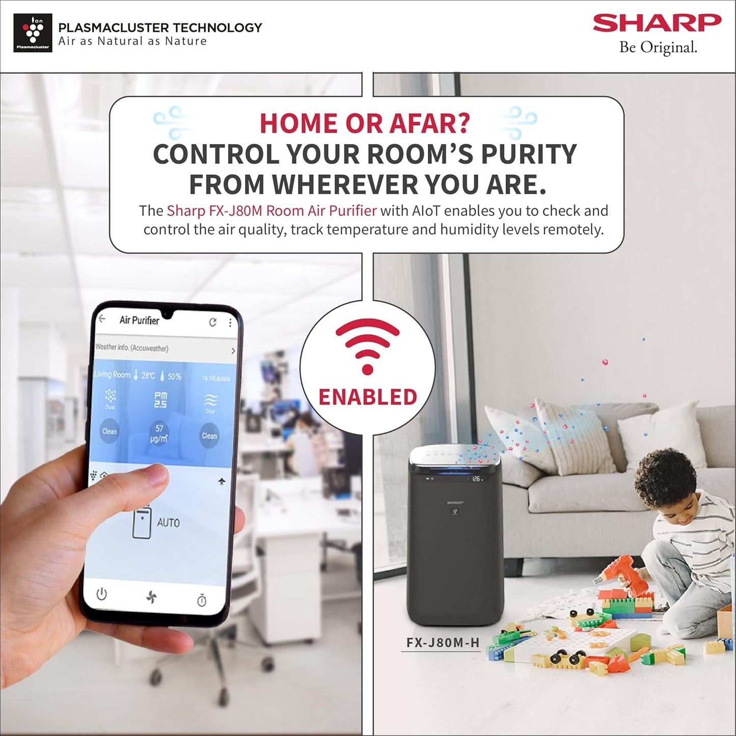 SHARP FX-J80M-H Wi-Fi Air Purifier – Plasmacluster Technology, HEPA H14 Filter, Carbon Filter, Covers 680 Sq. Ft., Portable & Sleep Mode