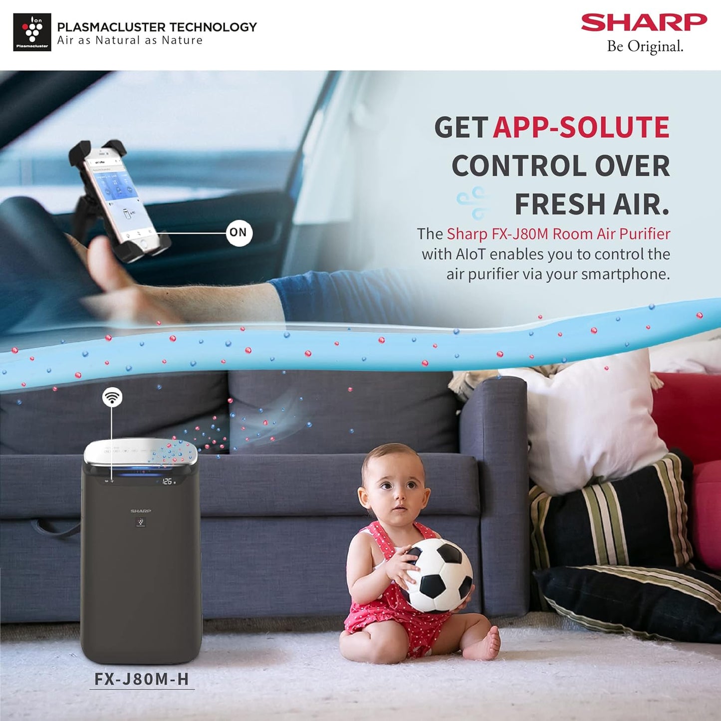 SHARP FX-J80M-H Wi-Fi Air Purifier – Plasmacluster Technology, HEPA H14 Filter, Carbon Filter, Covers 680 Sq. Ft., Portable & Sleep Mode