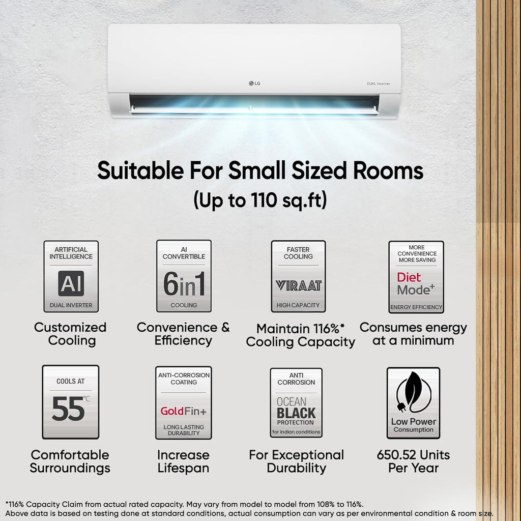LG US-Q12CNXE 1 Ton 3 Star 2025 Model AI DUAL Inverter Split AC (6-in-1 Convertible Cooling, Anti-Virus Filter, White)