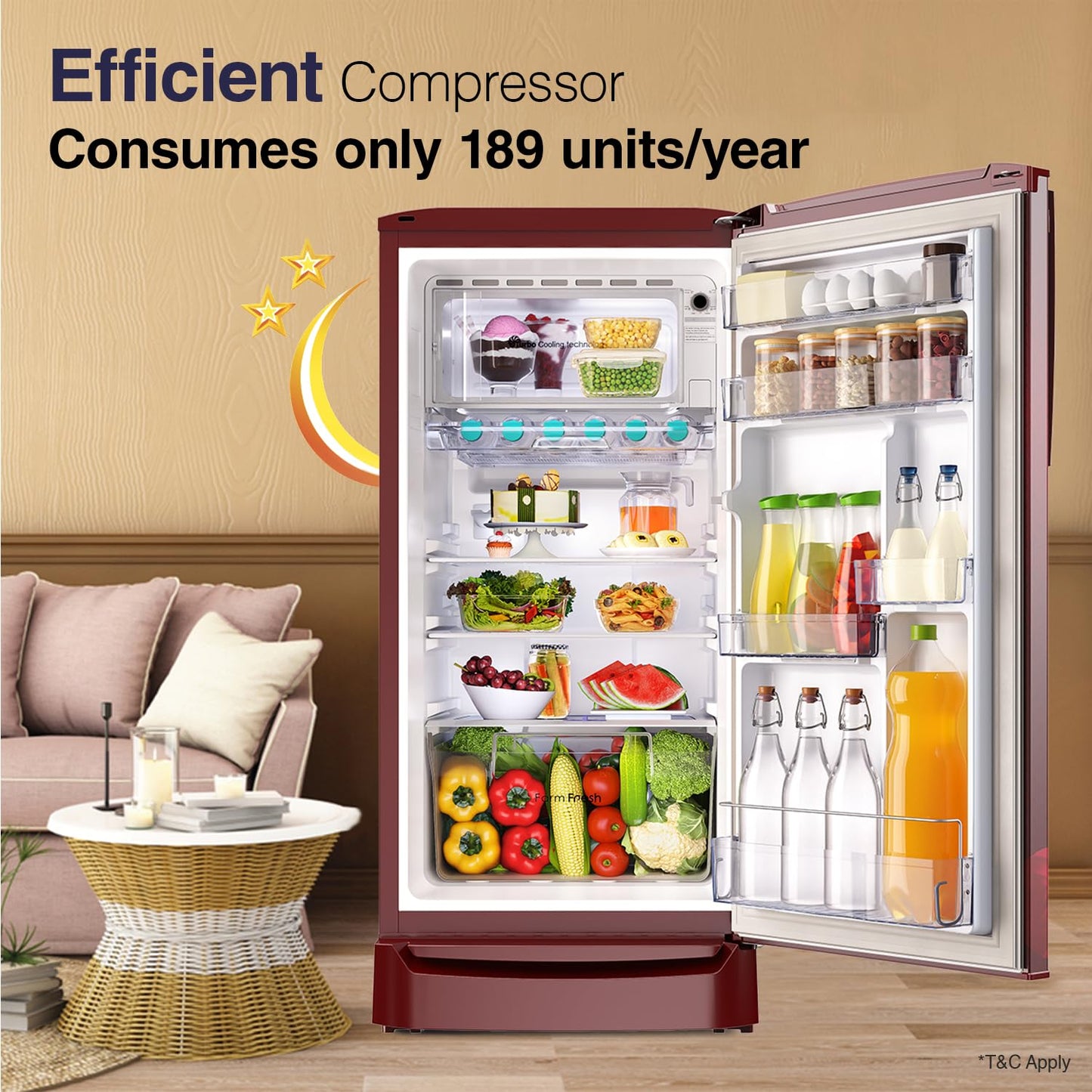 Godrej RD ERIOPLS 205B THF WN RD 180 L 2 Star Farm Fresh Crisper Technology With Jumbo Vegetable Tray Direct Cool Single Door Refrigerator ( Wine Red)