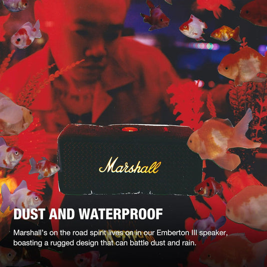 Marshall Emberton III Bluetooth Speaker Black & Brass – 32+ Hours Playtime, 360° Sound, IP67 Dust & Waterproof, Built-in Mic