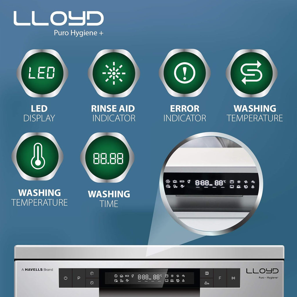 Lloyd 15 Place Settings Dishwasher (LDWF15PSA1TS) – Auto Open Dry, 65°C Hot Wash, Infinity Drawer, Dual Zone, Sparkle Clean Technology | Puro Hygiene+ Silver |