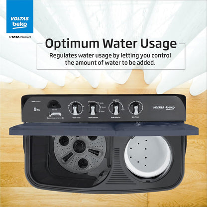 Voltas Beko WTT90UDX/BKGR4KGTD 9 Kg 5 Star Semi-Automatic Top Load Washing Machine | Twin Tub | Special Pulsator | Double Waterfall | Black