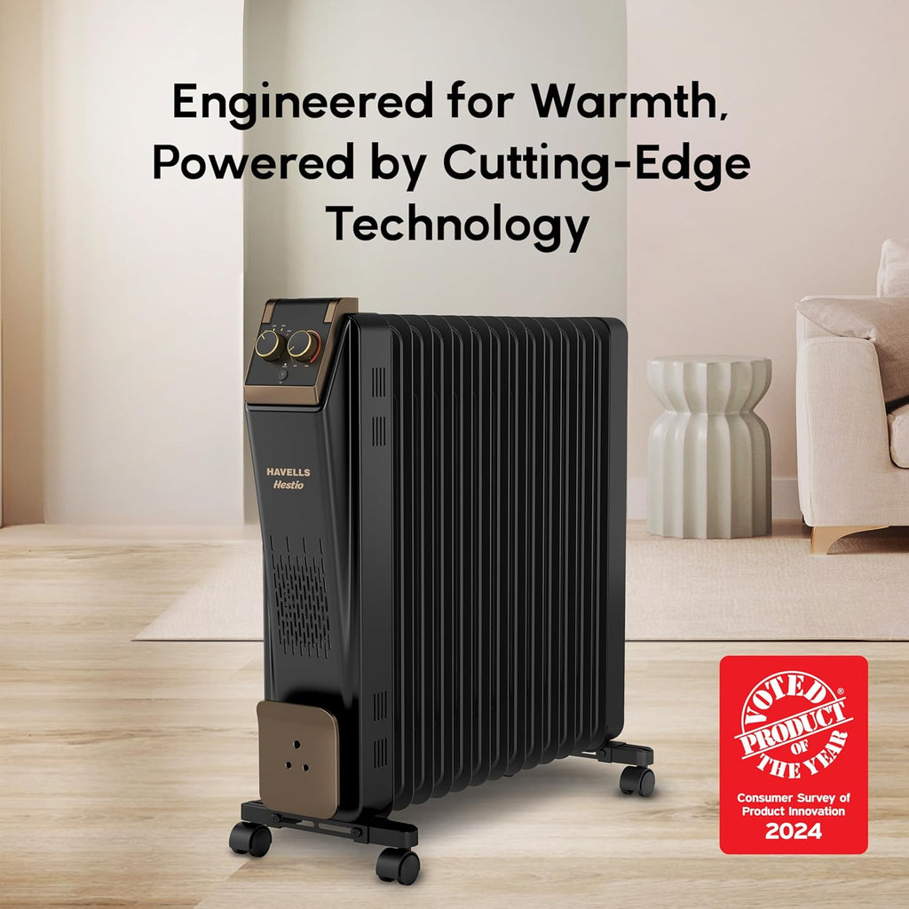 Havells 13 Fin Hestio Straight Fin OFR GHR0FDKK290 | 2900 Watt, Thermostatic heat control with 3 power settings & PTC fan control | Superior grade oil for long-lasting heat | (Black)