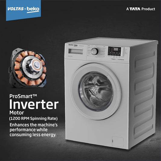 Voltas WFL8012B7JVBKA/GXV 8 Kg 5 Star Inverter Quick wash Fully-Automatic Front Loading Washing Machine (Grey, In buit Heater/Hygiene steam)