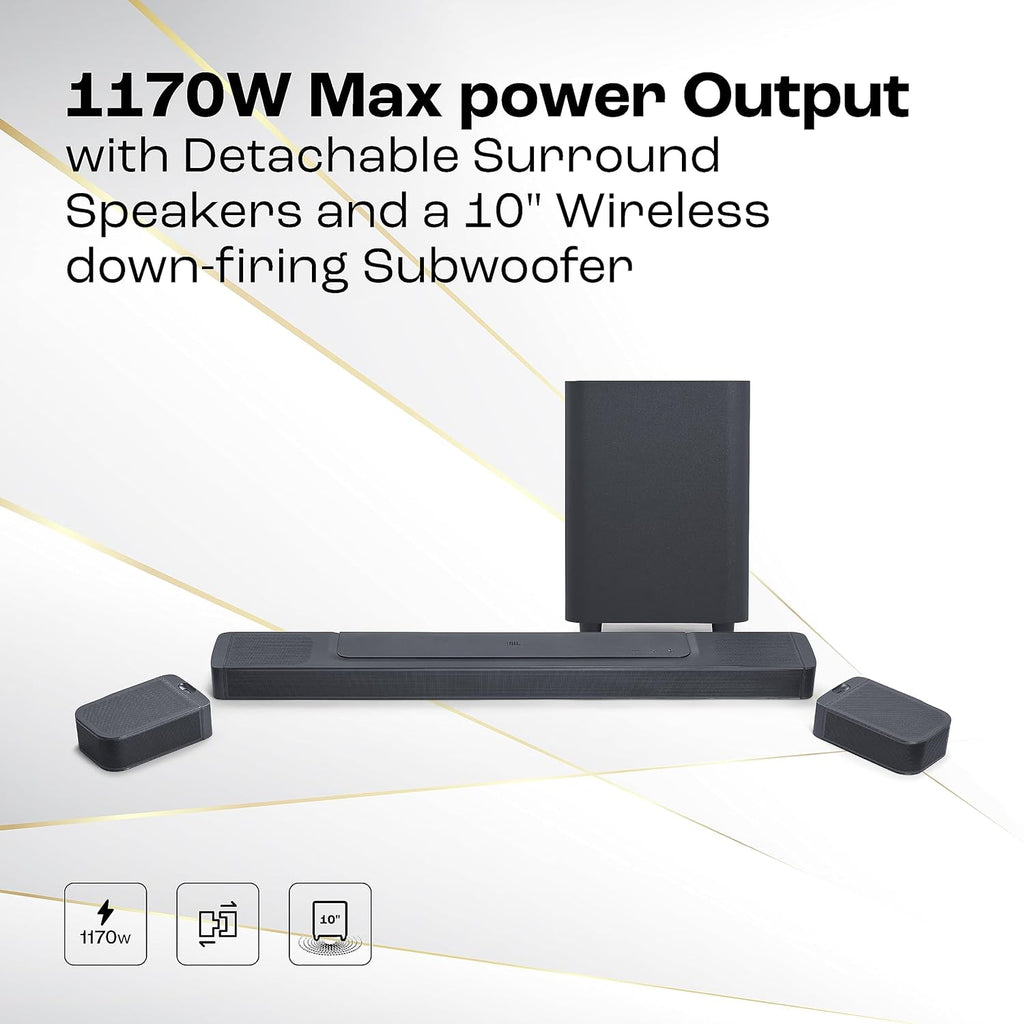 JBL Bar 1300 11.1.4 Channel Dolby Atmos Soundbar with Wireless Subwoofer, DTS:X, Detachable Bluetooth Speakers, 1170W, HDMI eARC – Black