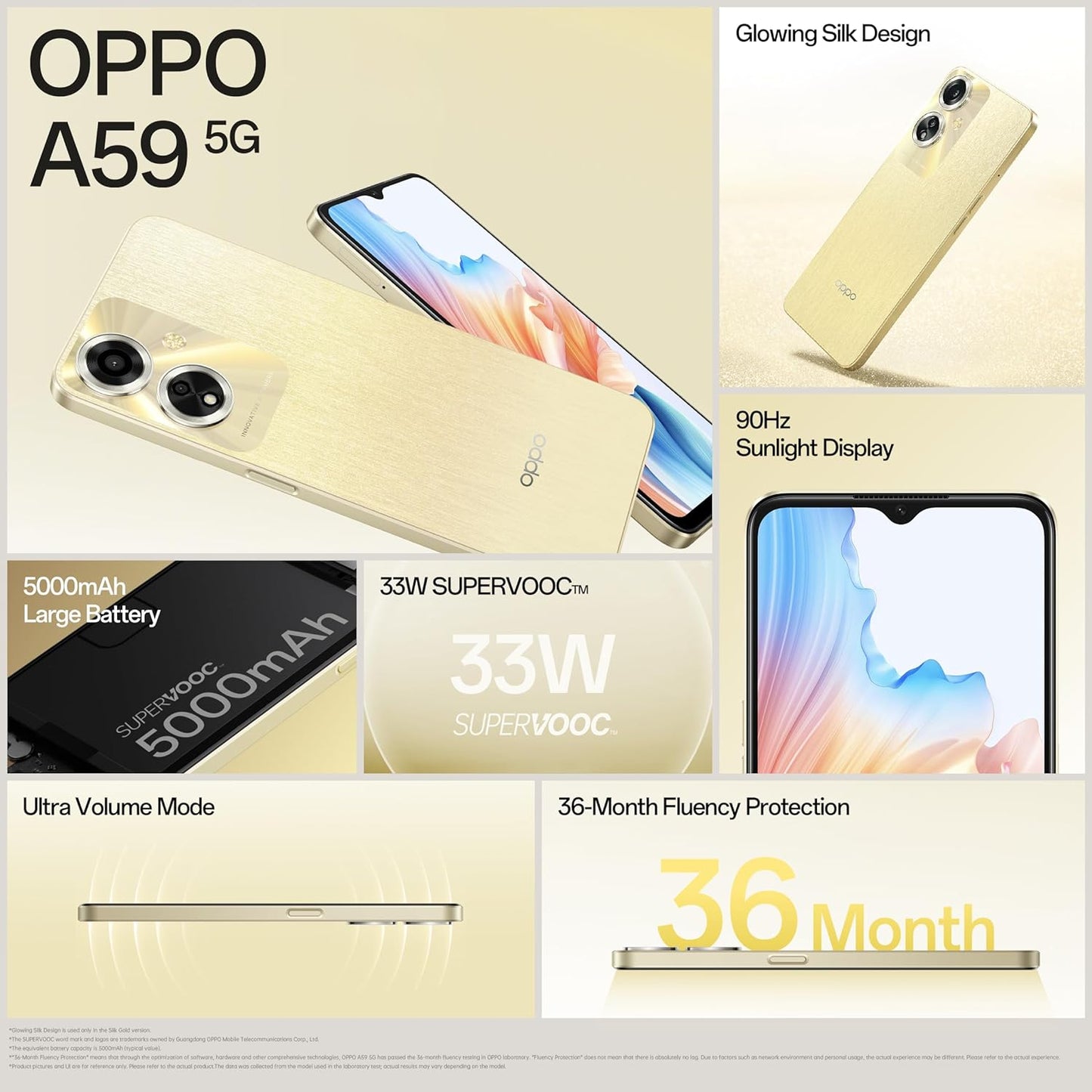 OPPO A59 5G (Silk Gold, 4GB RAM, 128GB Storage) | 5000 mAh Battery with 33W SUPERVOOC Charger | 6.56" HD+ 90Hz Display