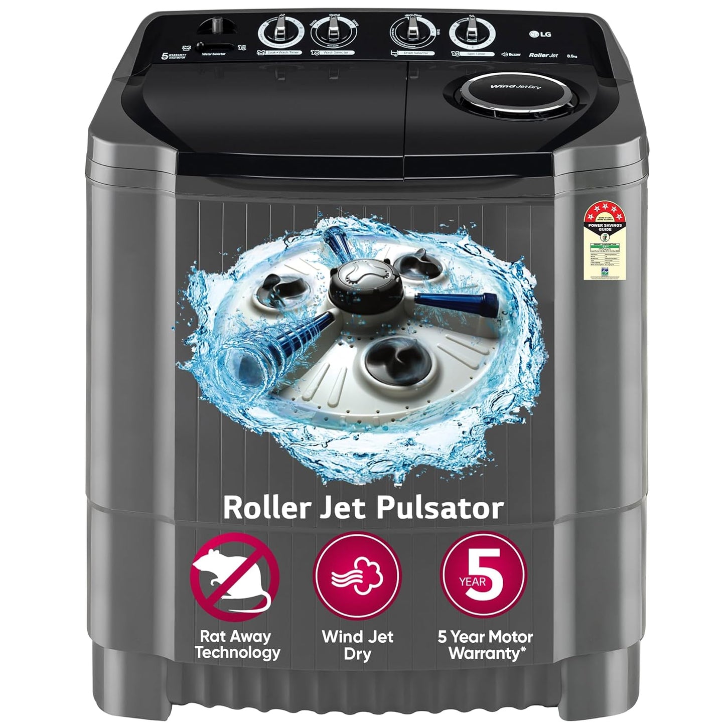LG P8535SKMZ 8.5 Kg 5 Star Wind Jet Dry Rat Away Technology Semi-Automatic Top Loading Washing Machine ( Roller Jet Pulsator, Collar Scrubber, Middle Black)