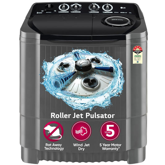LG P8535SKMZ 8.5 Kg 5 Star Wind Jet Dry Rat Away Technology Semi-Automatic Top Loading Washing Machine ( Roller Jet Pulsator, Collar Scrubber, Middle Black)