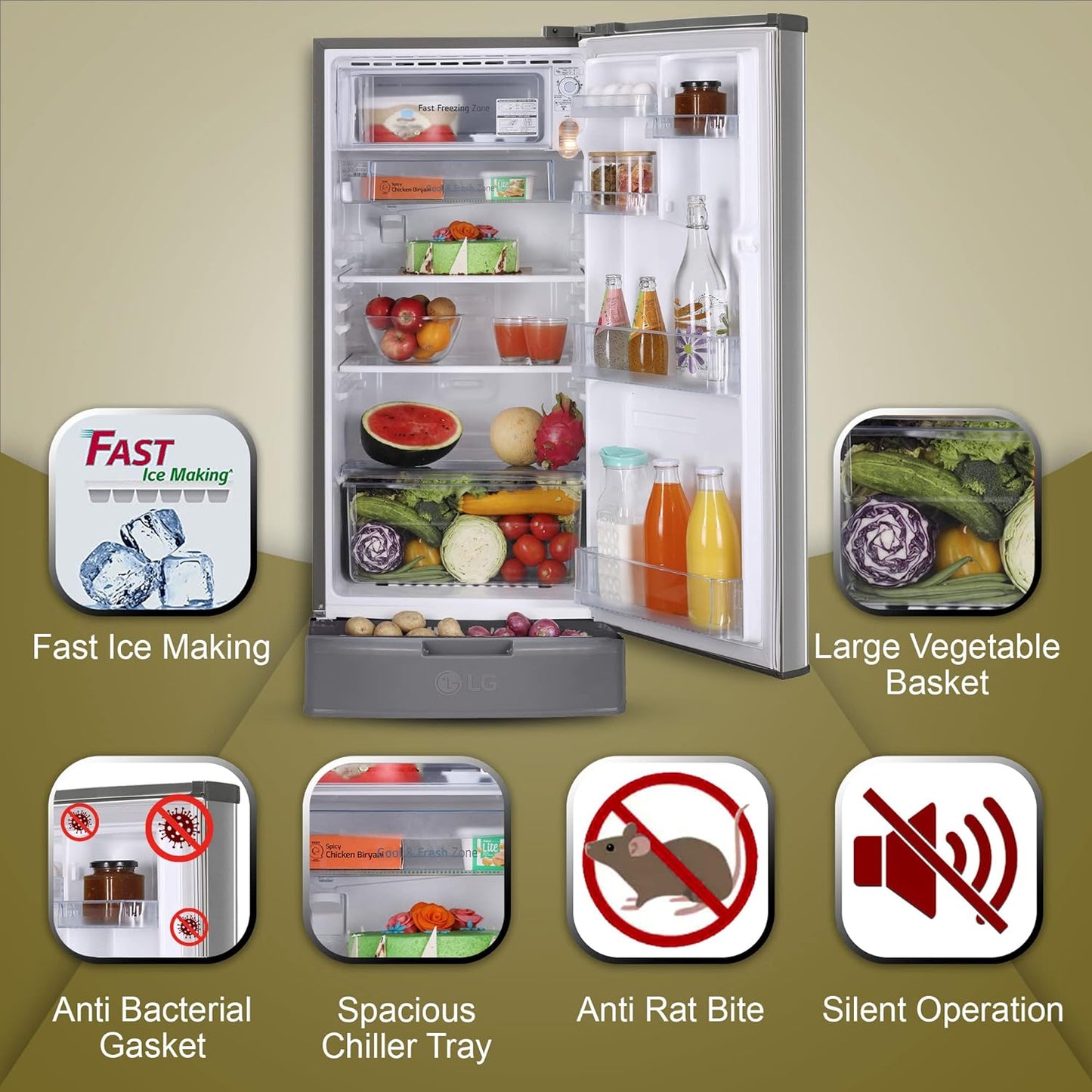 LG GL-D199OPZD 185 L Direct Cool Single Door 3 Star Refrigerator with Base Drawer with Fast Ice Making  (Shiny Steel)
