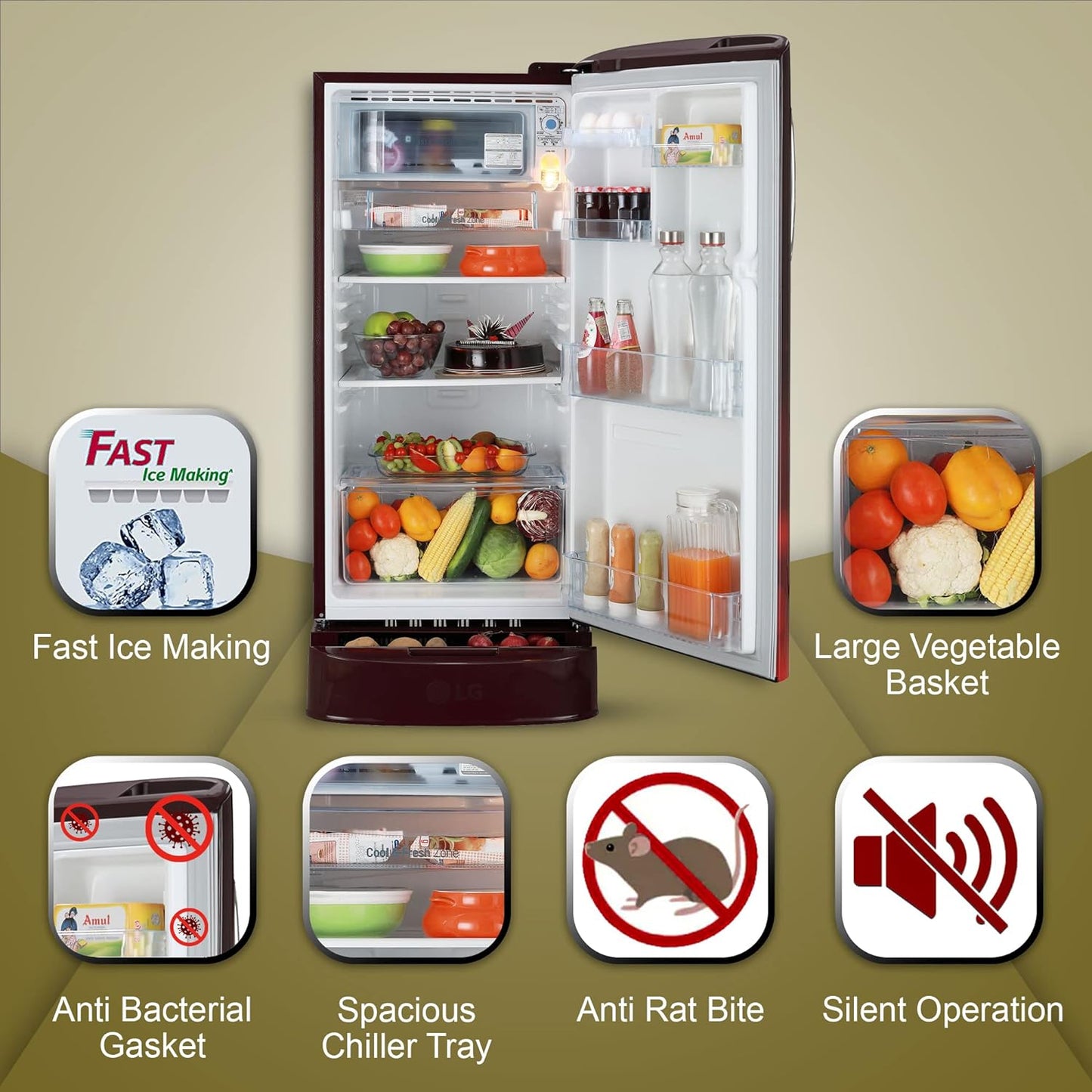 LG GL-D201ASCU 185 L 5 Star Inverter Direct-Cool Single Door Refrigerator ( Scarlet Charm, Base stand with drawer)