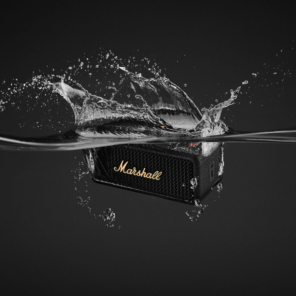 Marshall Emberton III Bluetooth Speaker Black & Brass – 32+ Hours Playtime, 360° Sound, IP67 Dust & Waterproof, Built-in Mic