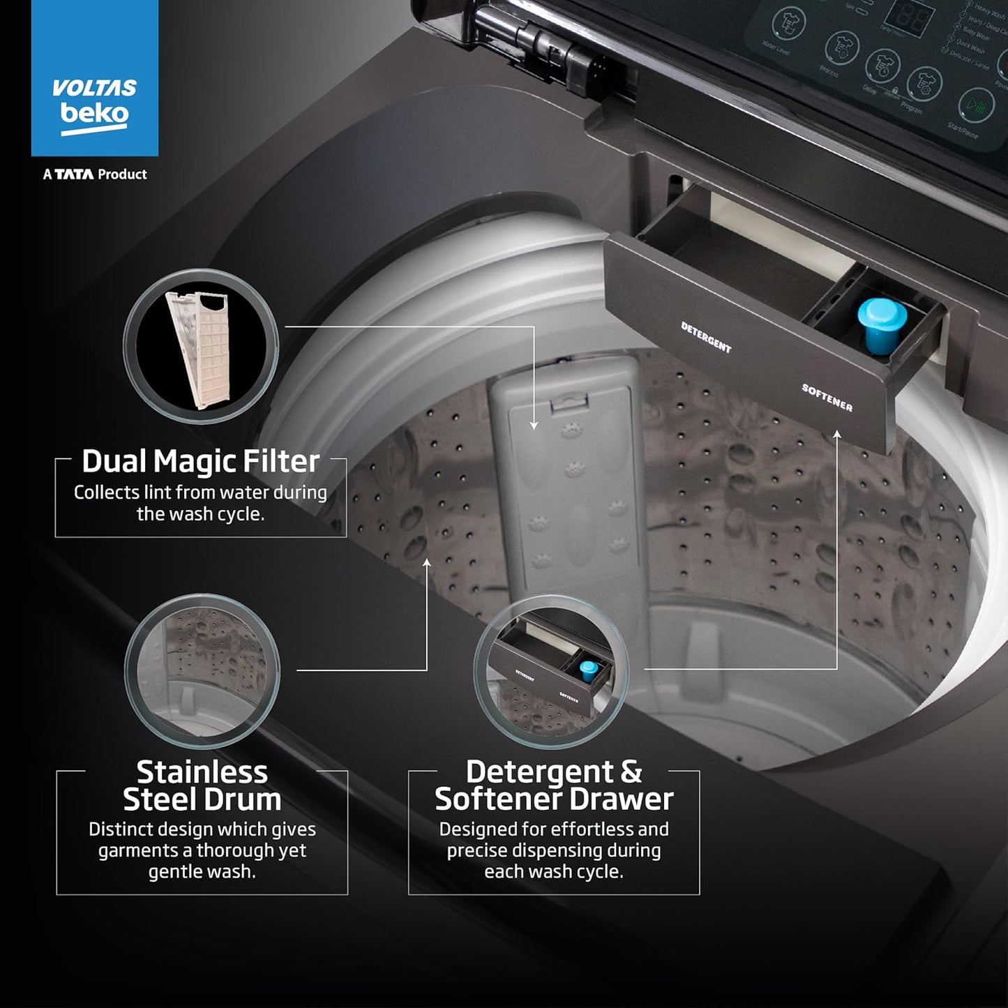 Voltas Beko WTL1106UEA/SPB0OD 11 Kg 5 Star Fully Automatic Top Load Washing Machine (Grey) | Double Waterfall Technology | LED Display | Drum Clean | 700 RPM Spin Speed – Buy Online at Suraj Electronics