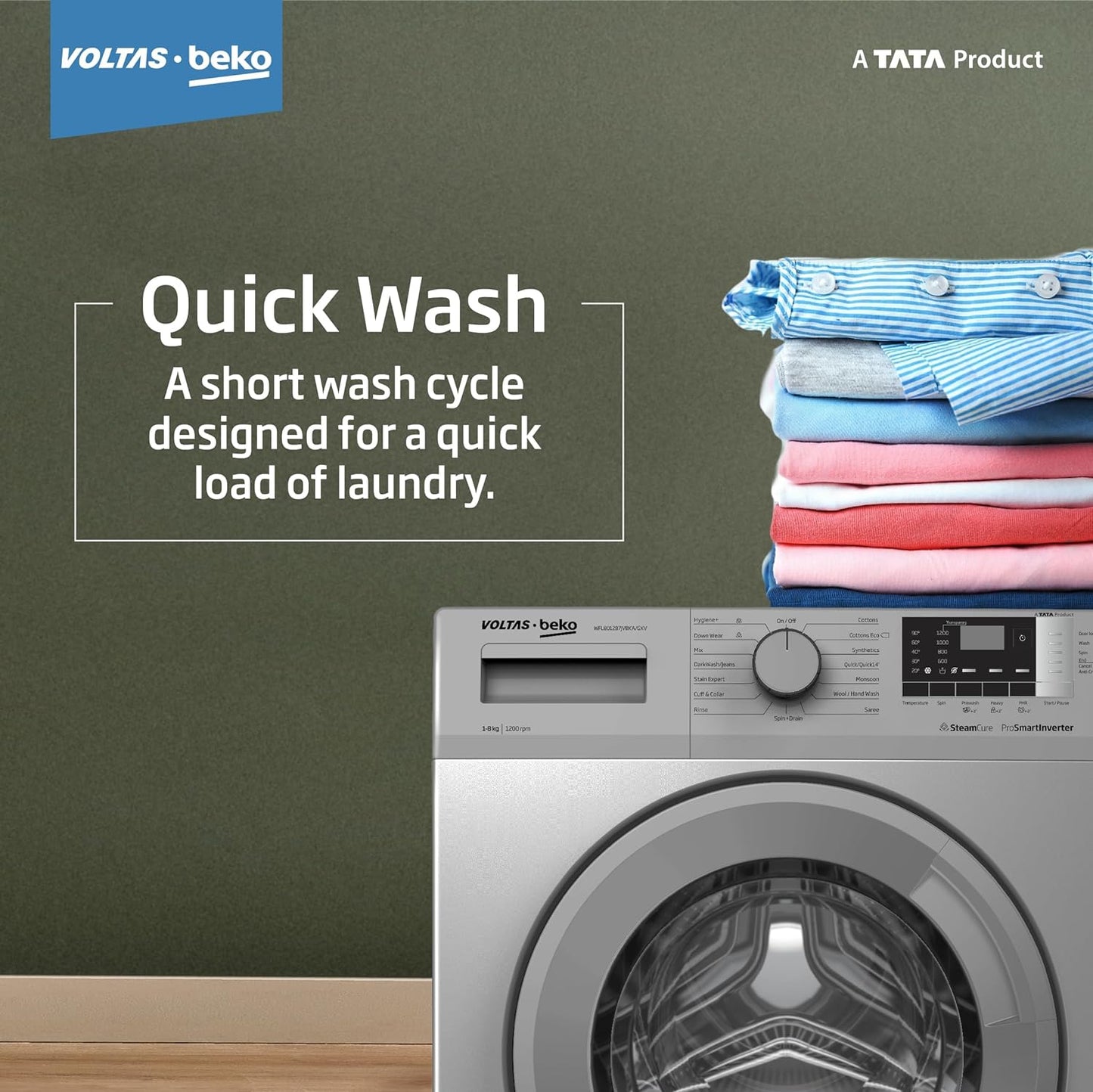 Voltas WFL8012B7JVBKA/GXV 8 Kg 5 Star Inverter Quick wash Fully-Automatic Front Loading Washing Machine (Grey, In buit Heater/Hygiene steam)