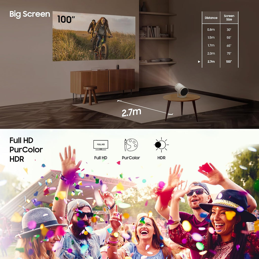 Samsung SP-LFF3CLAXXXL The Freestyle 2nd Gen Portable Compact Smart LED Projector with in-Built OTT Apps ( HDR 10+, Wi-Fi, Premium 360° Sound, All Round Design, Instant Setup, White)
