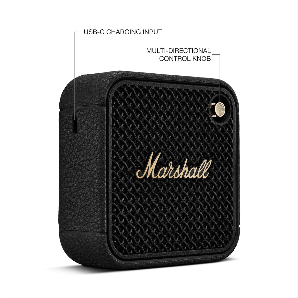 Marshall Willen II Portable Bluetooth Speaker (Black & Brass) – 17+ Hours Playtime, IP67 Dust & Waterproof, Built-in Mic, Strap Mount, Compact Design