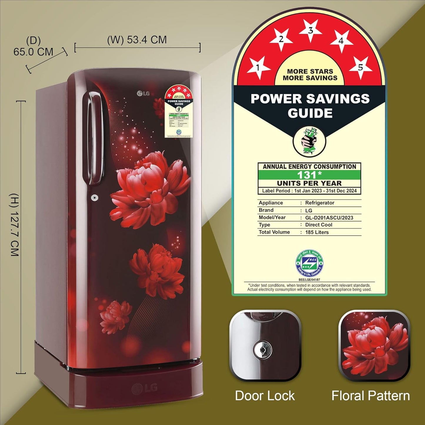 LG GL-D201ASCU 185 L 5 Star Inverter Direct-Cool Single Door Refrigerator ( Scarlet Charm, Base stand with drawer)