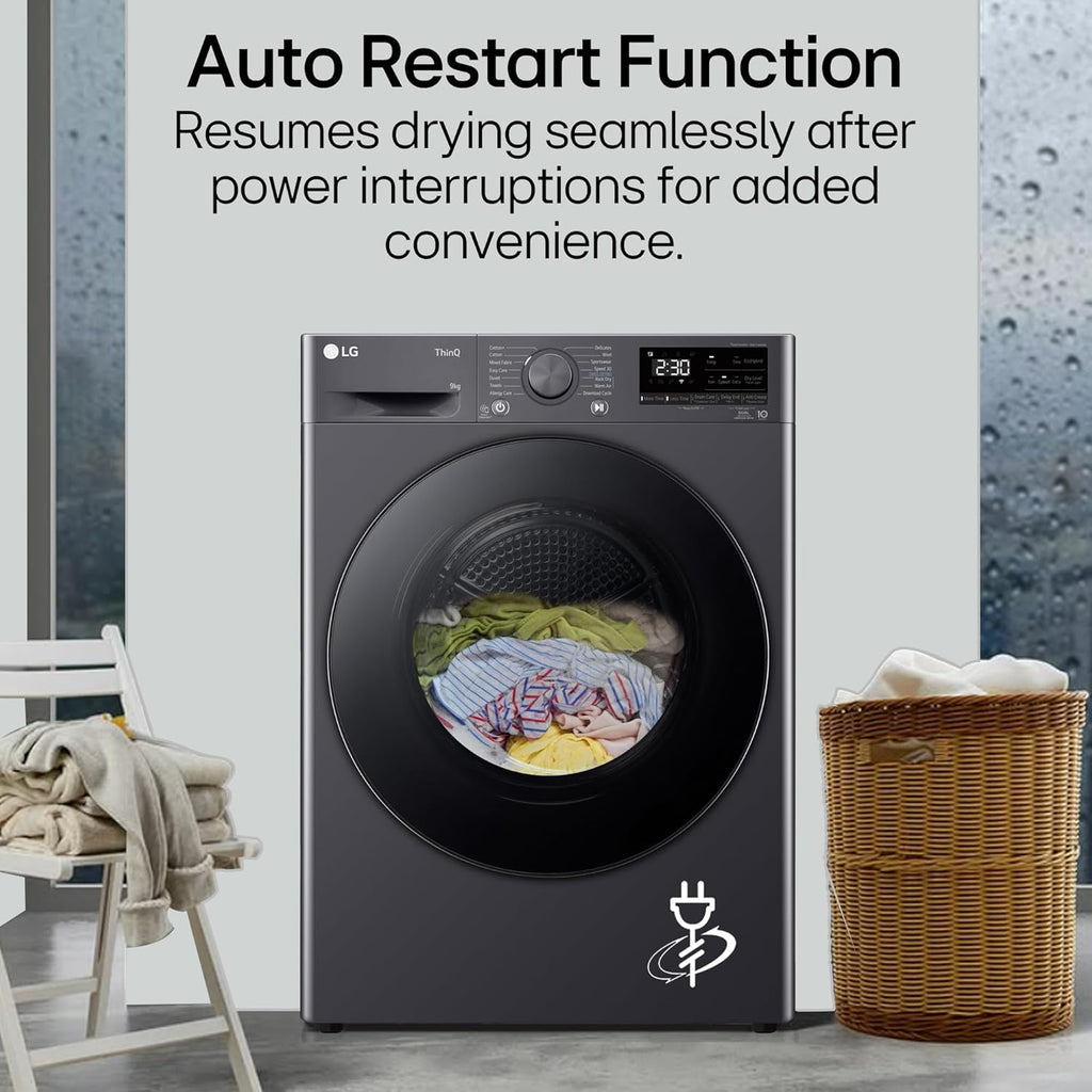 LG DHV09SAM 9 Kg, Wi-Fi, Dual Inverter Heat Pump, Eco-Hybrid Technology Fully Automatic Front Load Dryer ( Double Layer Air Filter, Allergy Care, Auto Cleaning Condenser, Middle Black)