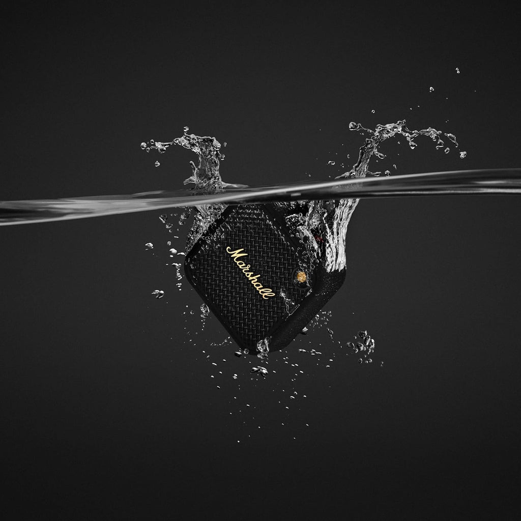 Marshall Willen II Portable Bluetooth Speaker (Black & Brass) – 17+ Hours Playtime, IP67 Dust & Waterproof, Built-in Mic, Strap Mount, Compact Design