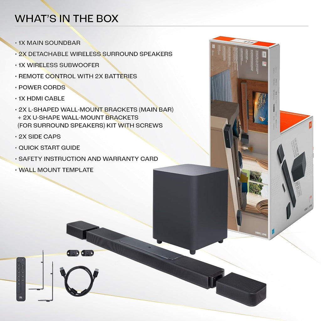 JBL Bar 1300 11.1.4 Channel Dolby Atmos Soundbar with Wireless Subwoofer, DTS:X, Detachable Bluetooth Speakers, 1170W, HDMI eARC – Black