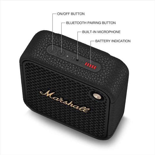 Marshall Willen II Portable Bluetooth Speaker (Black & Brass) – 17+ Hours Playtime, IP67 Dust & Waterproof, Built-in Mic, Strap Mount, Compact Design