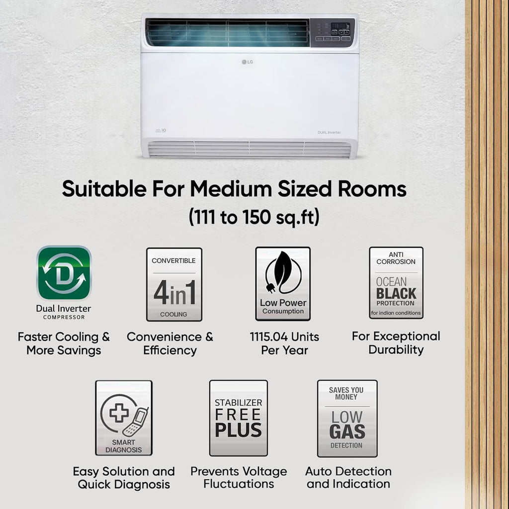 LG UW-Q18WUZA 1.5 Ton 5 Star AI Convertible 4-in-1 Dual Inverter Window AC (HD Filter, Fast Cooling, Ocean Black Protection, R32,White)