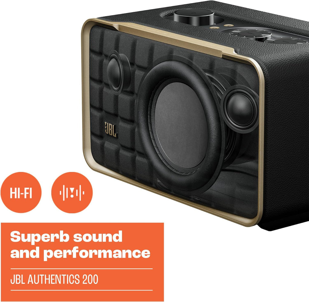 JBL Authentics 200 Smart Home Speaker – 90W Stereo Sound, Wi-Fi & Bluetooth, Dual Voice Assistants, Retro Design, Hi-Res Audio, Sustainable Build | 1 Year Warranty | 24-Hour Delivery