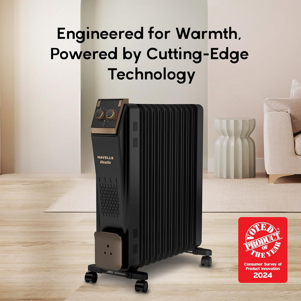 Havells 11 Fin Hestio Straight Fin OFR | 2900 Watt, Thermostatic heat control with 3 power settings & PTC fan control | Superior grade oil for long-lasting heat | ( Black)