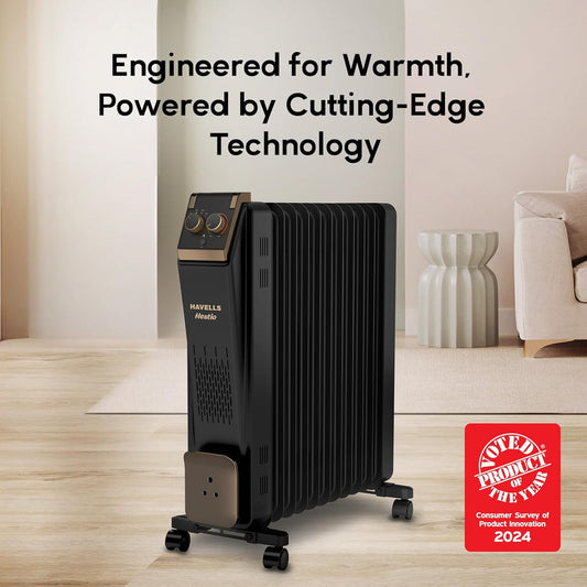 Havells 11 Fin Hestio Straight Fin OFR | 2900 Watt, Thermostatic heat control with 3 power settings & PTC fan control | Superior grade oil for long-lasting heat | ( Black)