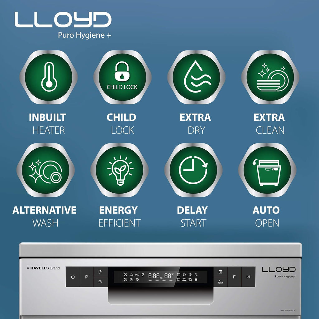Lloyd 15 Place Settings Dishwasher (LDWF15PSA1TS) – Auto Open Dry, 65°C Hot Wash, Infinity Drawer, Dual Zone, Sparkle Clean Technology | Puro Hygiene+ Silver |