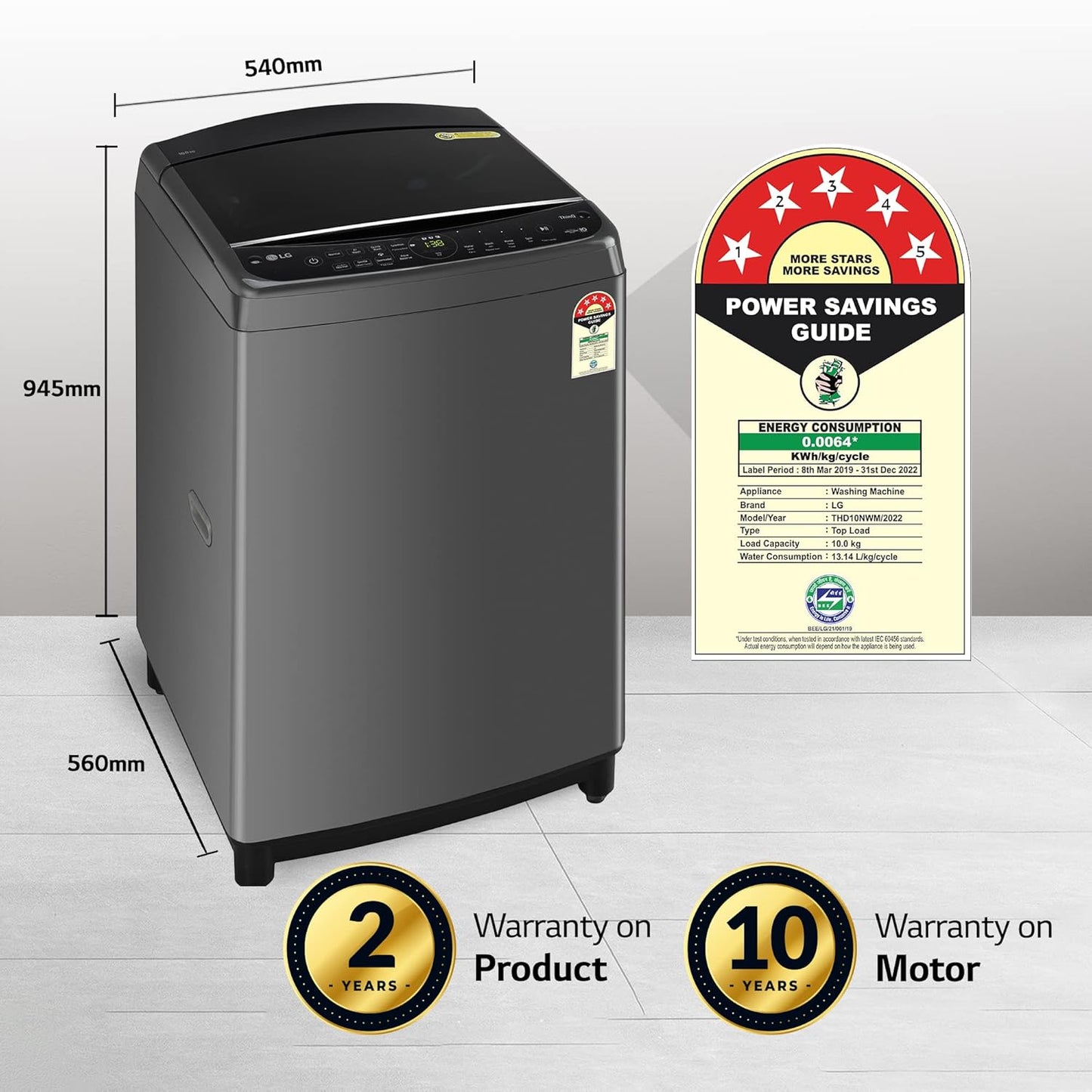 LG THD10NWM 10 Kg 5 Star Inverter Wi-Fi Fully-Automatic Top Load Washing Machine ( Middle Black, AIDD Technology)