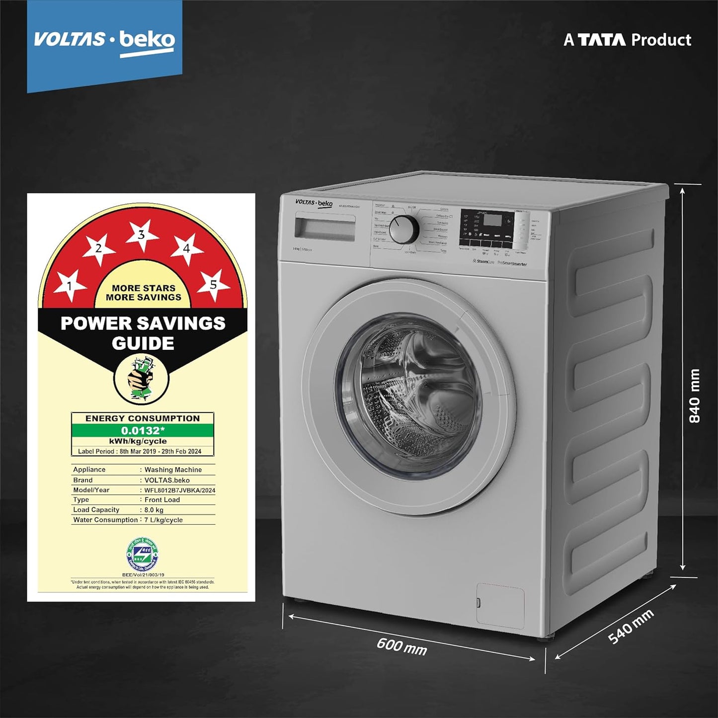 Voltas WFL8012B7JVBKA/GXV 8 Kg 5 Star Inverter Quick wash Fully-Automatic Front Loading Washing Machine (Grey, In buit Heater/Hygiene steam)