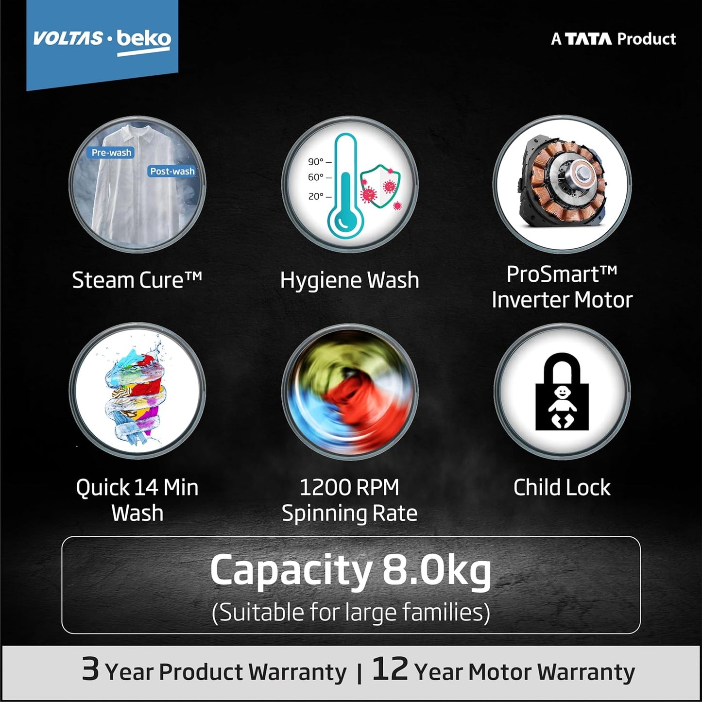 Voltas WFL8012B7JVBKA/GXV 8 Kg 5 Star Inverter Quick wash Fully-Automatic Front Loading Washing Machine (Grey, In buit Heater/Hygiene steam)