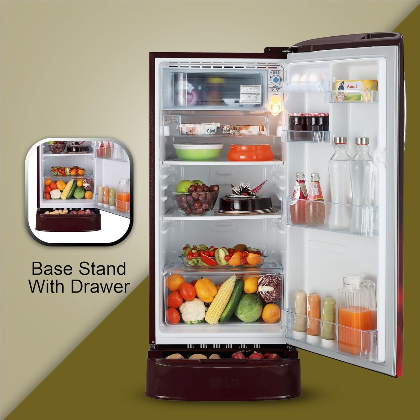 LG GL-D201ASCU 185 L 5 Star Inverter Direct-Cool Single Door Refrigerator ( Scarlet Charm, Base stand with drawer)