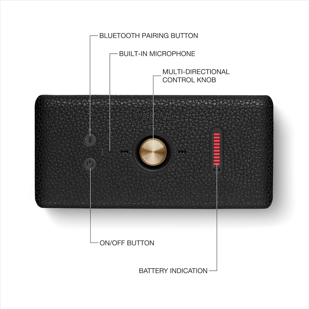 Marshall Emberton III Bluetooth Speaker Black & Brass – 32+ Hours Playtime, 360° Sound, IP67 Dust & Waterproof, Built-in Mic