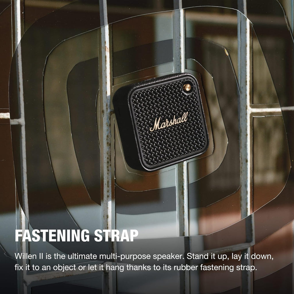 Marshall Willen II Portable Bluetooth Speaker (Black & Brass) – 17+ Hours Playtime, IP67 Dust & Waterproof, Built-in Mic, Strap Mount, Compact Design